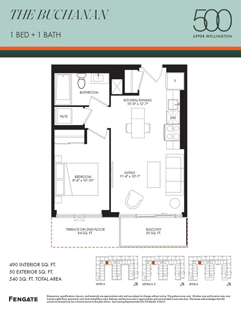 Floor plan for 1 bed, 1 bath, 490 sqft